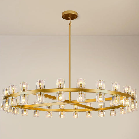 K9 Crystal 48-Light Round Chandelier, 48" Gold Chandeliers for Living Room, Modern Farmhouse Wagon Wheel Chandeliers For Dining Room,Entryway,Foyer,Includes G4 Bulbs Arcachon Brass Chandelier A117-B0DNZ6ZL47