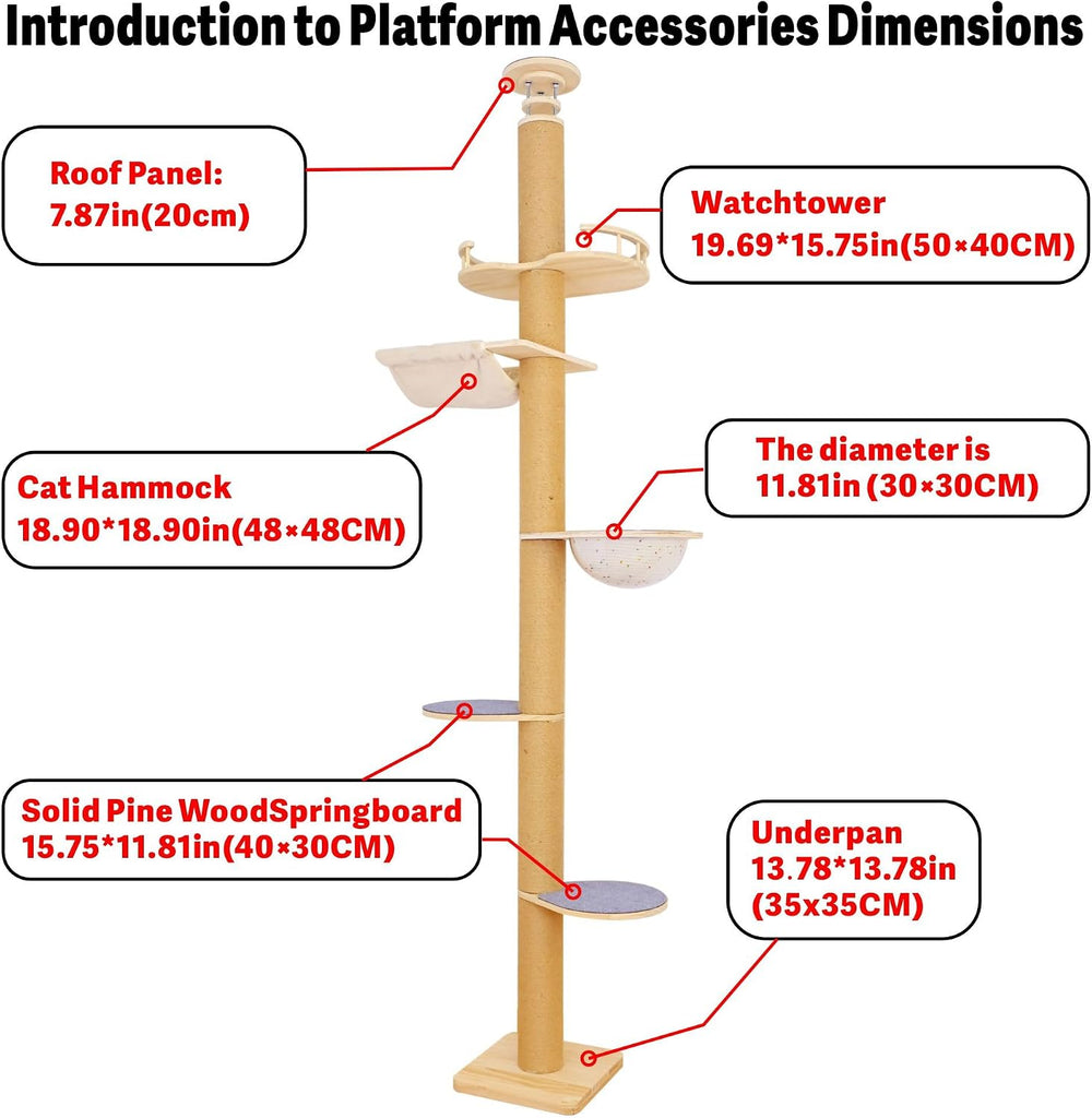 Floor to Ceiling Cat Tree Height (50-120.5in) Adjustable Cat Tower 5 Tier Hemp Scratching Post High Cat Tree Sturdy