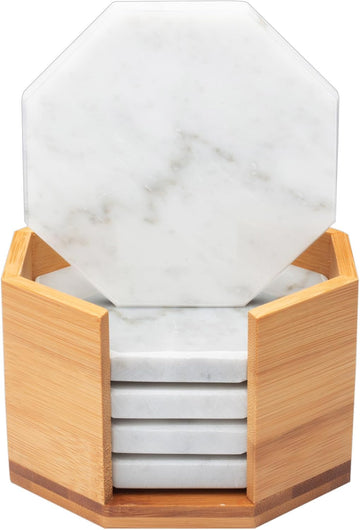 White Carrara Marble Tabletop Coasters with Storage Holder - Set of 5