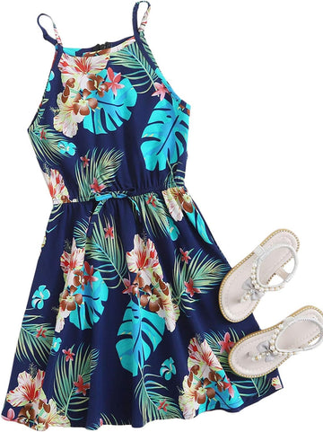 Girl's Casual Boho Floral Print Sleeveless Hawaiian Dress Sundress