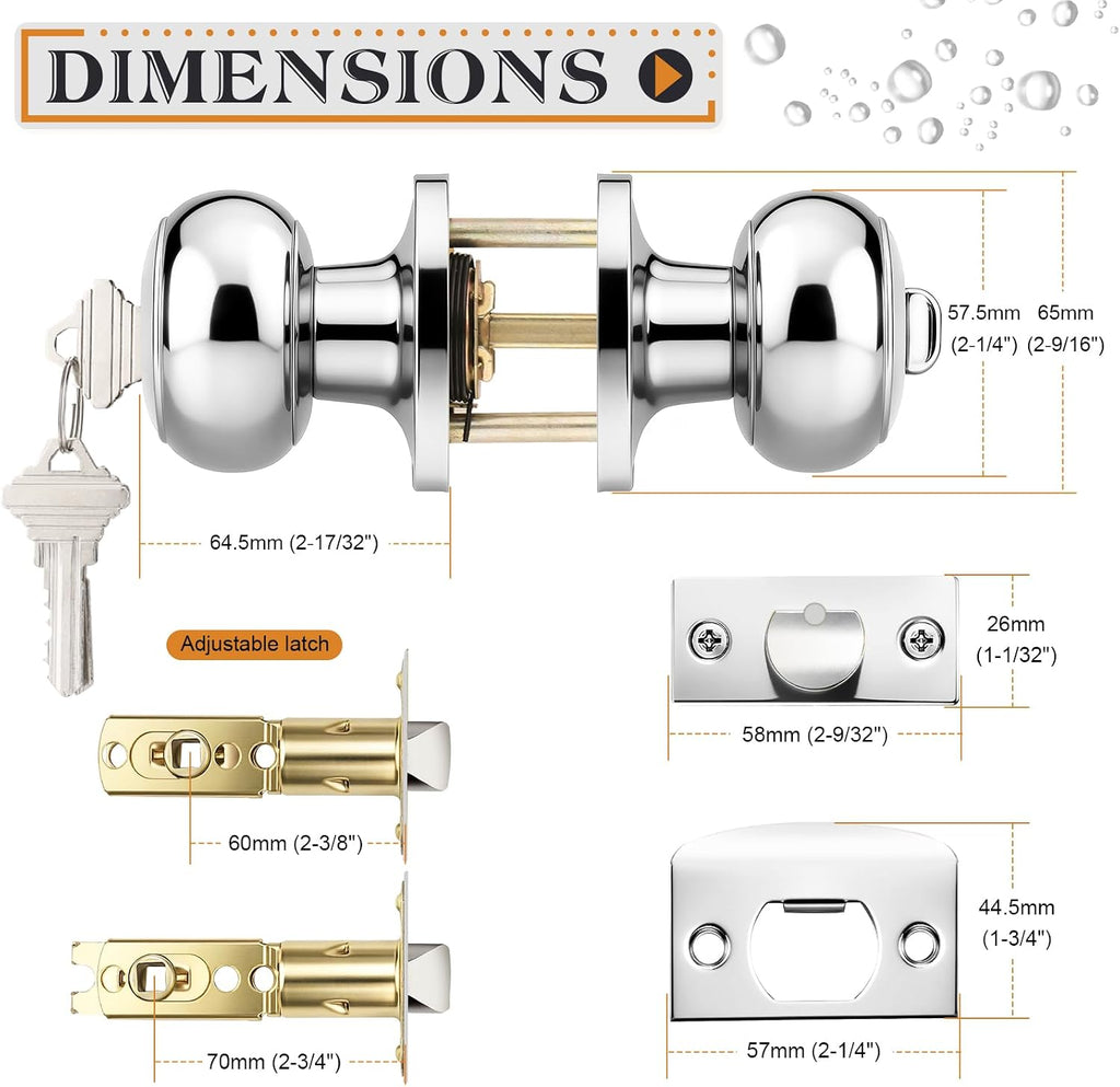 Polished Chrome Keyed Entry Door Knob, Interior Exterior Entry Door Locks, Entrance Lockset[Lock with Three Keys]