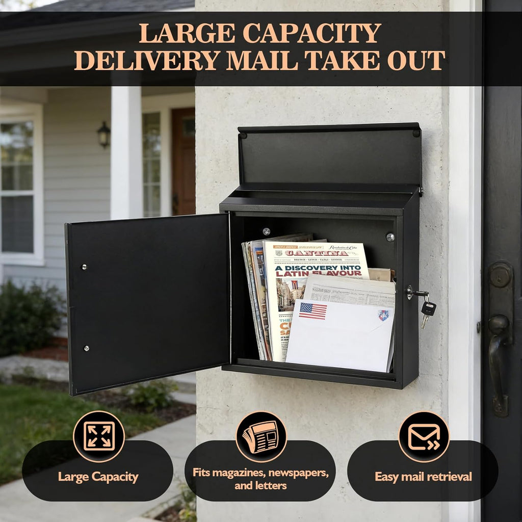 Wall Mounted Mailbox, 13x14x4inch Large Capacity with Wood-Grain Steel Panel