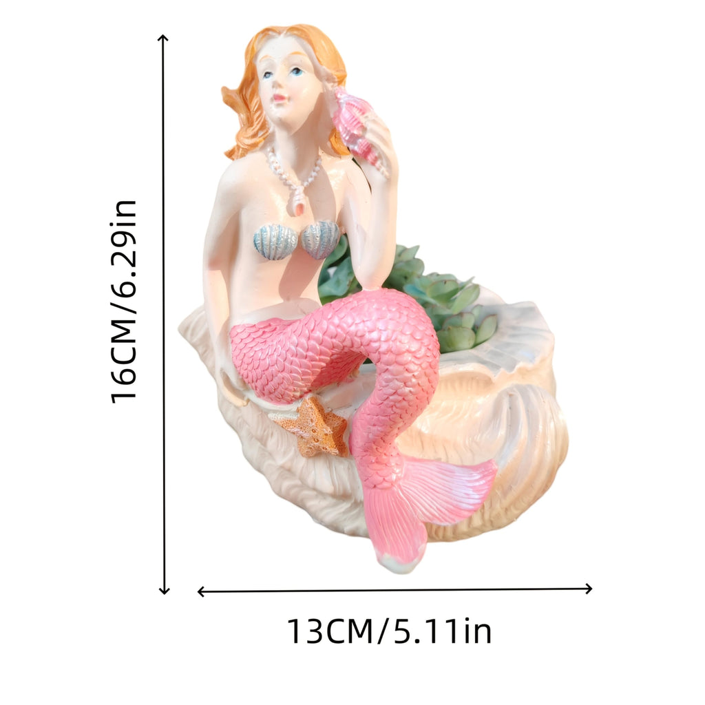 Mermaid Resin Planter Statue, Conch Base Succulent Flower Pot Garden Nautical Decor (Pink)