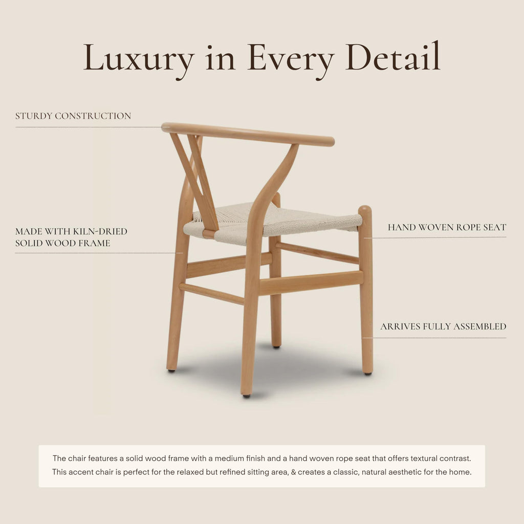 & BARK Weave Dining Chair - Mid-Century Modern Wishbone Dining Chair with Arms, Solid Wood Frame, Indoor Use - Oak