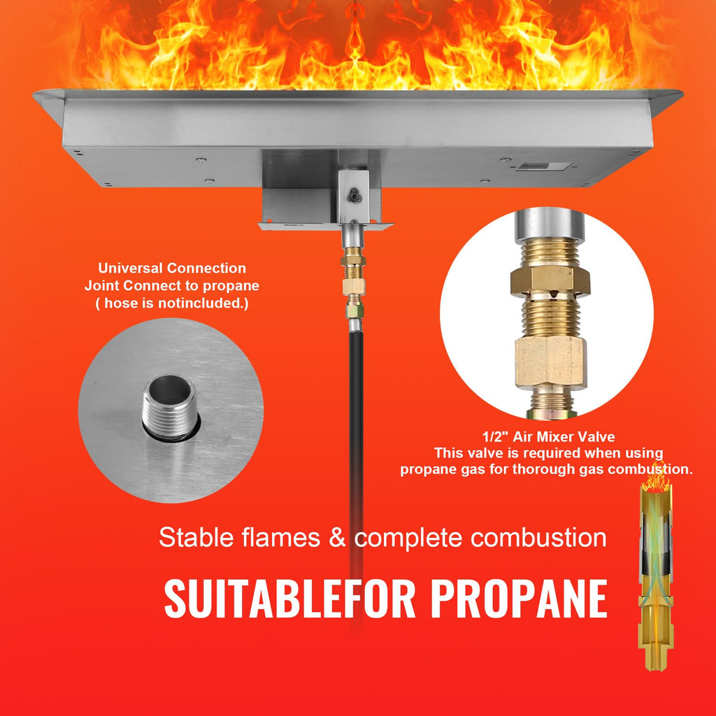 36 x 12 inch Drop-in Fire Pit Pan, Rectangular Stainless Steel Fire Pit Burner Kit, Propane Fire Pan 150, 000 BTU with