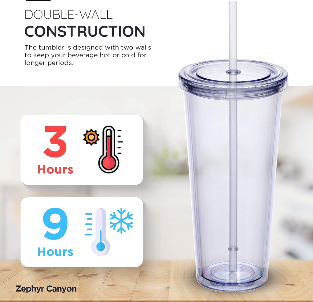 24oz Double Wall Plastic Tumblers with Lids and Straws | Large Classic Travel Tumbler | 6 Pack Set of 6 | Clear