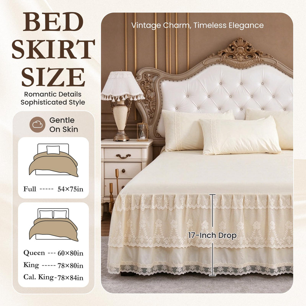 Double Layer Ruffled Lace Bed Skirt for Full Size Bed - 17 Inch Drop, Dust Ruffle Bedskirts, Wrinkle & Fade Resistant