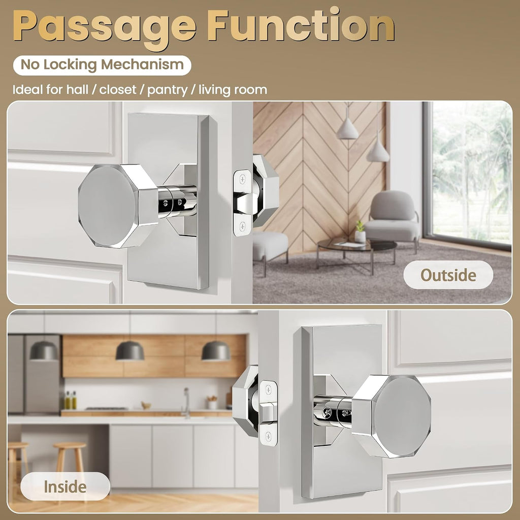 Polished Chrome Interior Door Knob Passage Door Handles for Hall and Closet