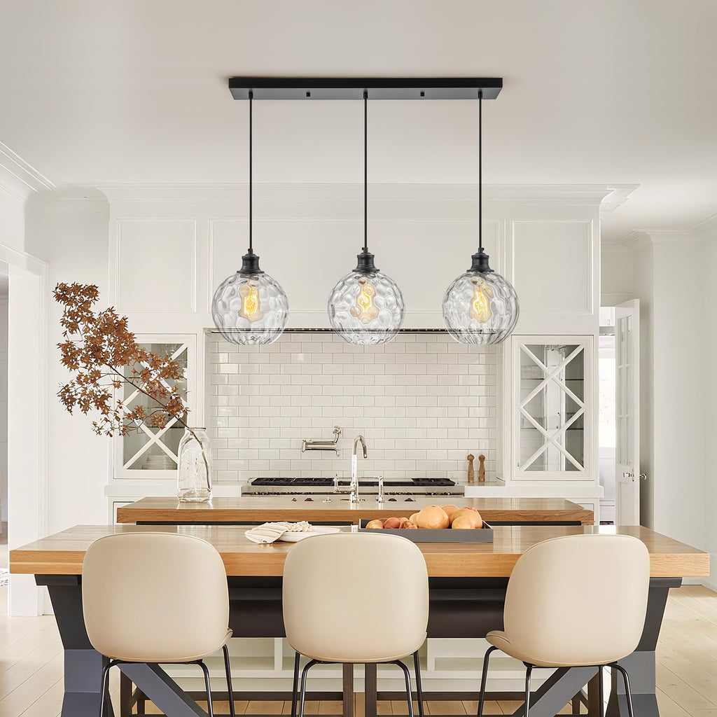 3 Light 31.5" Black Linear Pendant Lights with Clear Hammered Glass Shade