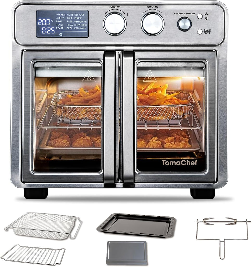 26QT French Door Air Fryer Toaster Oven Combo, 15 Cooking Functions including Rotisserie, and Digita
