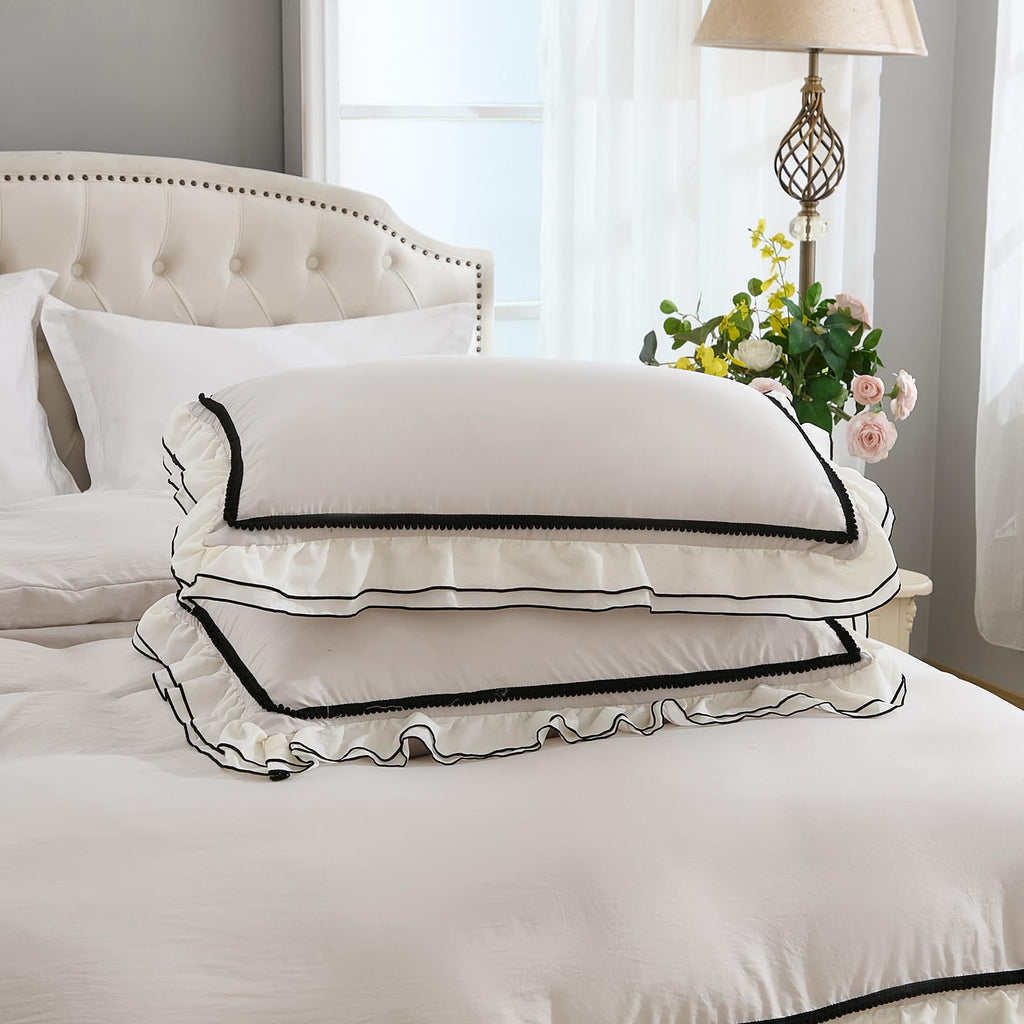 Grey Ruffle Comforter Set King Size, Pompoms Chic French Style Boho Bedding Sets, Fluffy Coquette Comforters Sets for