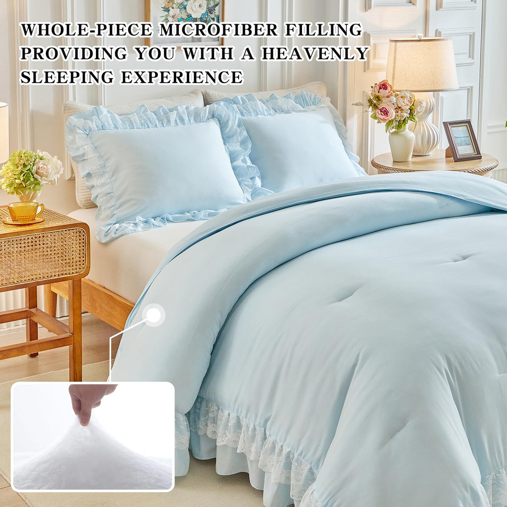King Size Comforter Set Blue, 3pcs Lace Ruffled Bedding Comforter Set, Microfiber Vintage Boho Chic Bedding Set for