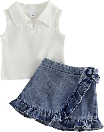 Toddler Baby Girl Summer Outfits Sleeveless Lapel Collar Ribbed Tank Tops Ruffle Jean Skirt Set Cute Clothes