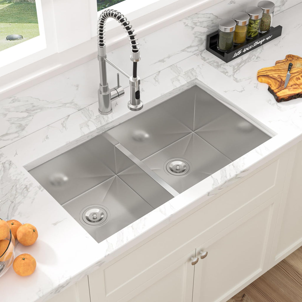 33 Undermount Kitchen Sink Double Bowl - 33x19 Kitchen Sink Low Divide Undermount Stainless Steel 16 Gauge Round