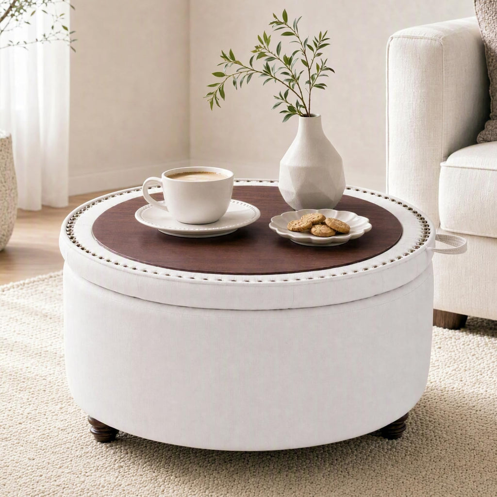 30" Round Storage Ottoman Coffee Table, Tufted Lid & Wood Top, Beige