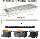 30 x 10 Inch Drop-in Fire Pit Kit, Premium Stainless Steel Modern Fire Trough with Tempered Glass Wind Guard, Burner Pan