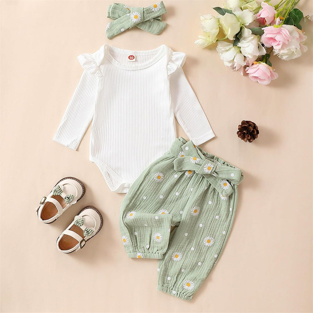 Newborn Infant Girl Clothes Rib Knit Romper Daisy Print Pants Headband Baby Clothes for Girls 0 3 6 12 18