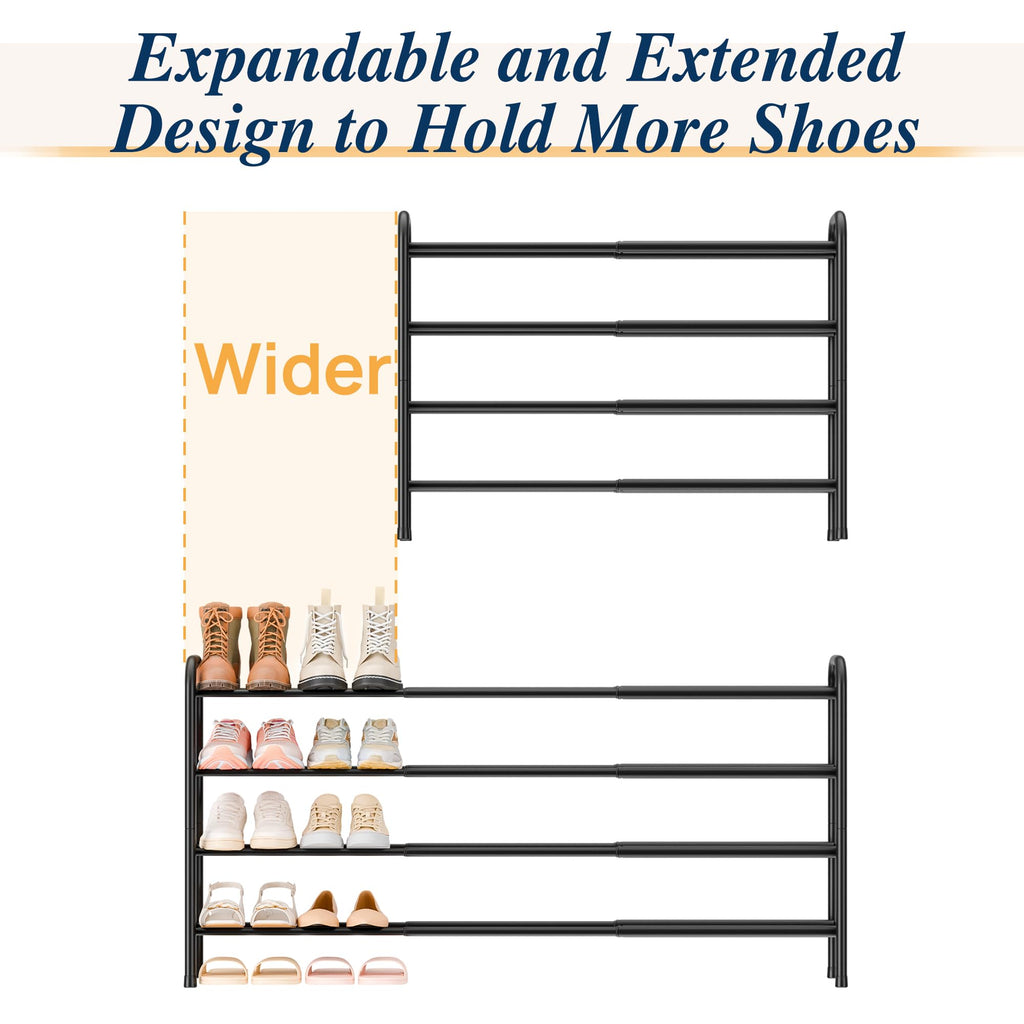 4 Tier Expandable Shoe Rack, Metal Small Shoes Shelf, Black