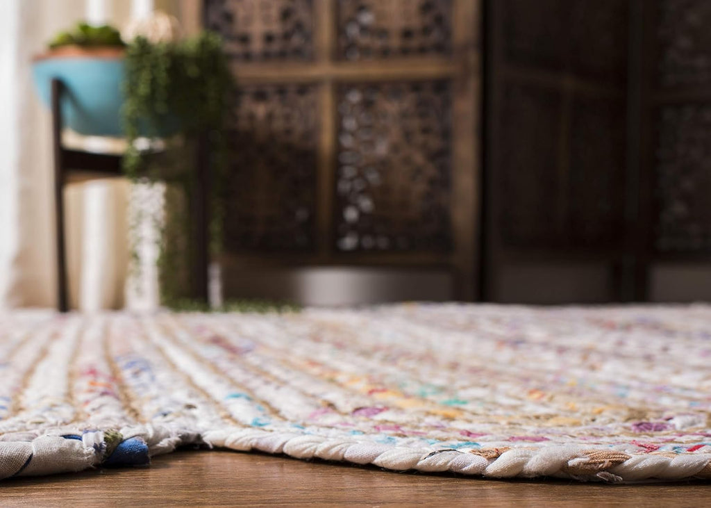 Cape Cod Collection Area Rug - 6' Square, Ivory & Multi, Handmade Braided Jute & Cotton, Ideal for High Traffic Areas