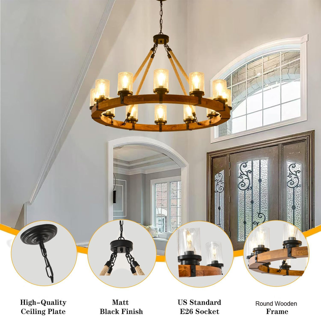 Rustic 12 Light Wagon Wheel Chandelier, Round Wood Pendant Light with Seeded Glass Shade, Farmhouse Chandeliers for Dining Room Kitchen Island Foyer Entryway A105-B0F2SQPLWT