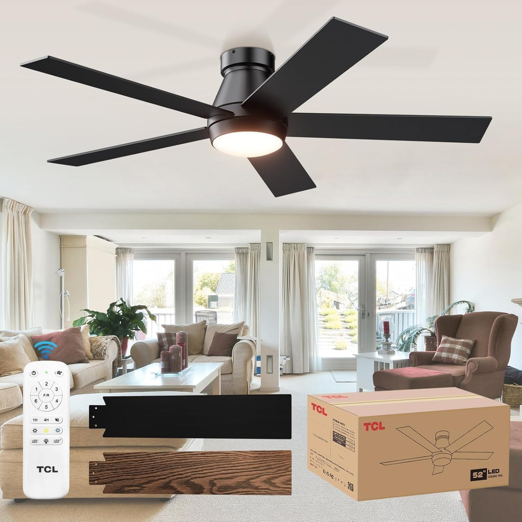 52" Ceiling Fan with Lights, Black Flush Mount Ceiling Fans with Remote Control, 6 Speeds DC Reversible, Dimmable, Noiseless, Low Profile Ceiling Fans for Bedroom A101-B0D4Z9M7T7