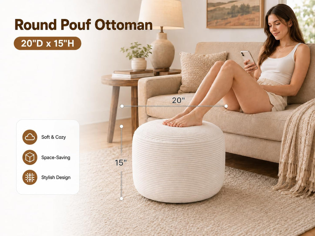 Round Pouf Ottoman Foot Rest 20 X 15 - Floor Pouf Seating, Soft Corduroy Ottoman, Lightweight Foot Stool for
