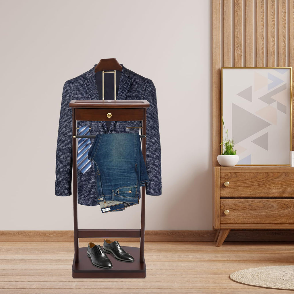 Wooden Freestanding Clothes Stand with Sturdy Base, Multi-functional Suit Valet Stand, Coat Rack with Top Drawer, Tie
