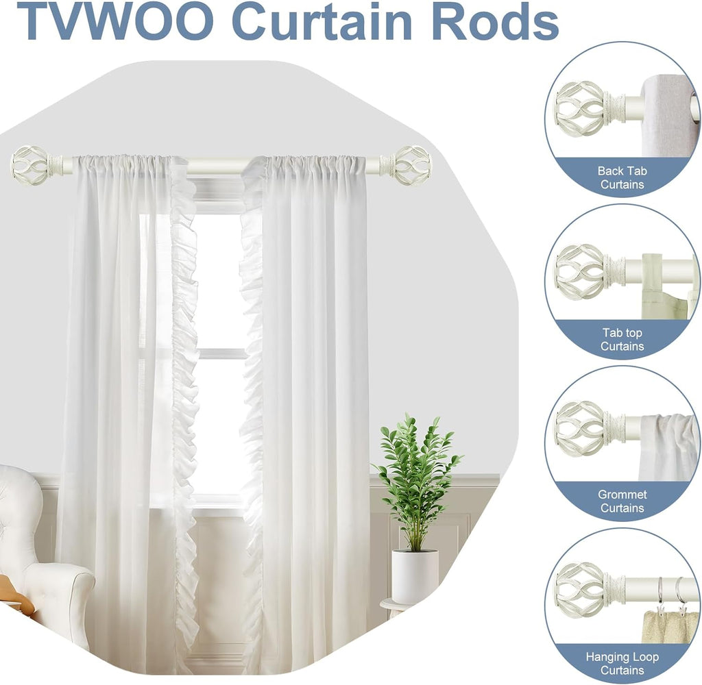White Decorative Farmhouse Curtain Rod: Heavy Duty Single Window Curtain Rod for Bedroom Living Room