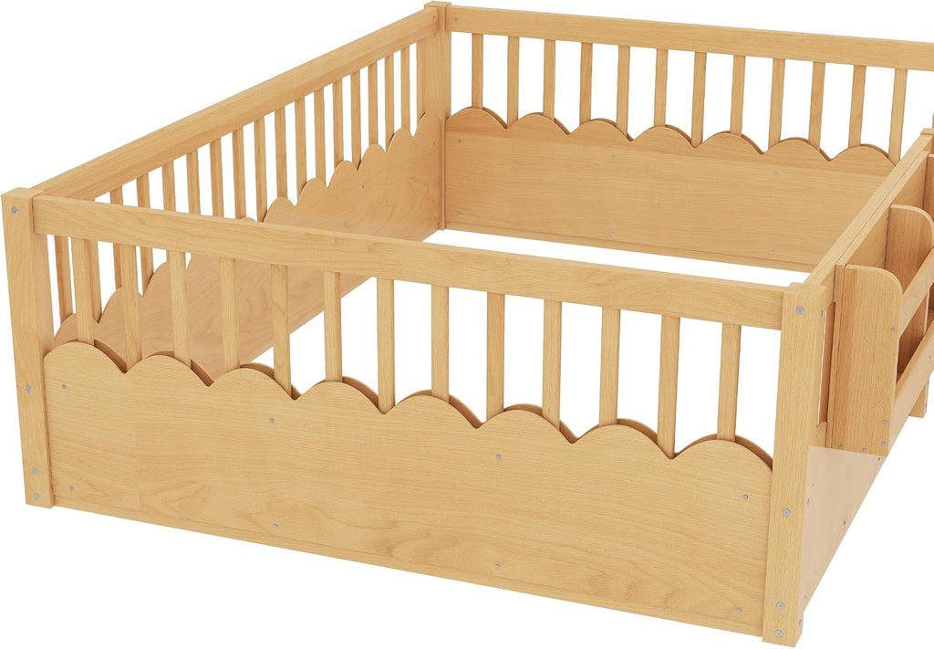 Floor Bed with Fence and Bookshelf, Solid Wood Montessori Floor Bed Frame with Storage Shelves, Low Profile