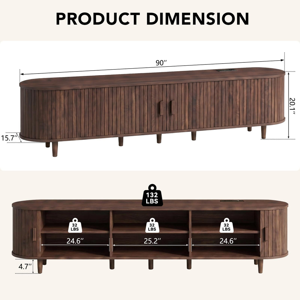 90" Mid Century Modern TV Stand with Power Outlet, Fluted Entertainment Center with Storage and Adjustable Shelves