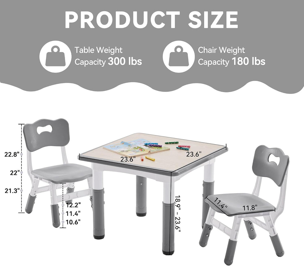 Kids Study Table and Chairs Set, Height Adjustable Toddler Table and Chair Set for Kids Ages 3-8, 23.6" L x 23.6" W
