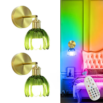 Battery Operated Wall Sconce: Set of 2 Wireless Wall Lights with Tulip Glass Lampshade - Rechargeable 15 Colors Gold