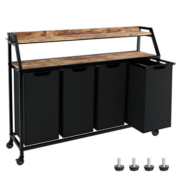 Laundry Hamper, Laundry Sorter with 4 Section, Rolling Basket with Wheels, 2 Shelves, 4 14.5 Gal, Pull-Out and