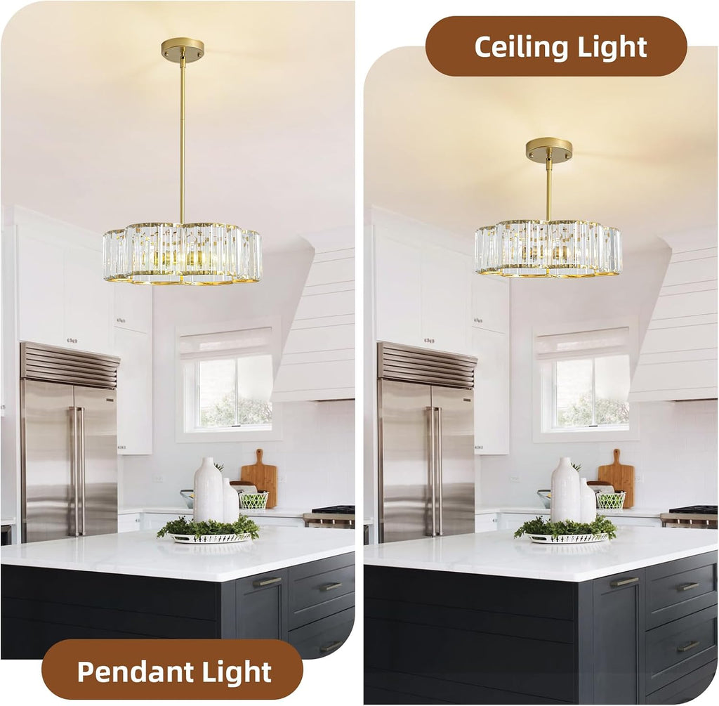 Modern Gold Crystal Chandelier for Dining Room 16 Inch | Semi Flush Mount Ceiling Light Fixture 3-Light,Round Kitchen