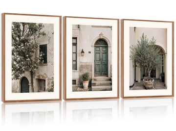 Vintage Italy City Landscape Framed Canvas Wall Set, Olive Green Tree Country Wall Decor, Modern Minimalist