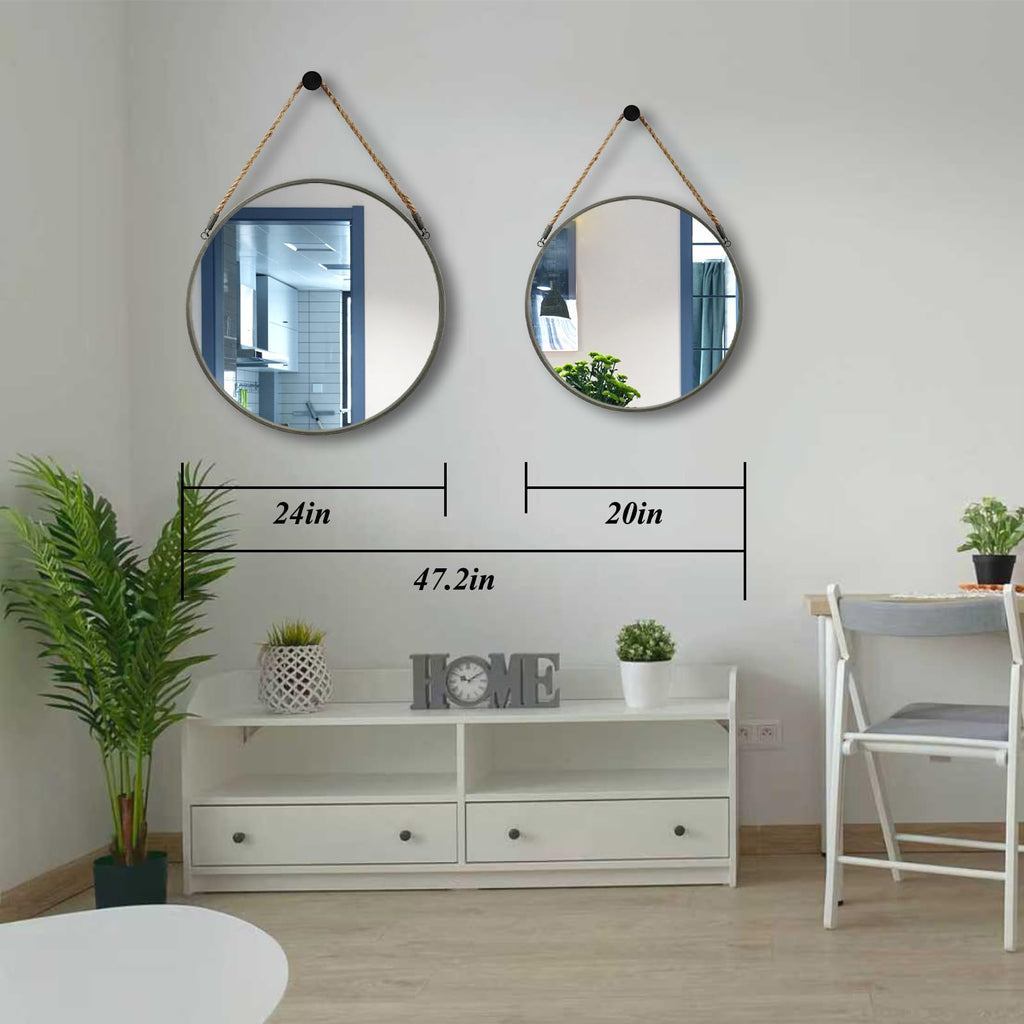 24" Round Hanging Mirror, Circle Wall Mirror with Jute Rope