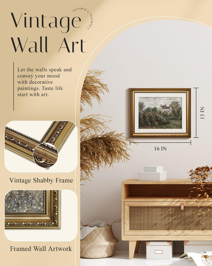 Gold Picture Framed Wall Art, Living Room Office Bathroom Vintage Monet Garden Landscape Pictures Wall Decor, Canvas