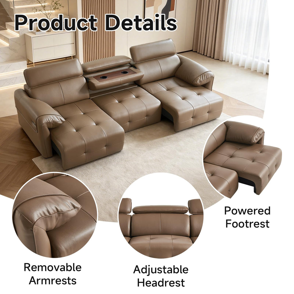 Electric Pull Out Couch With Adjustable Headrests, Genuine Leather Power Recliner Sofa with Extendable Footrest