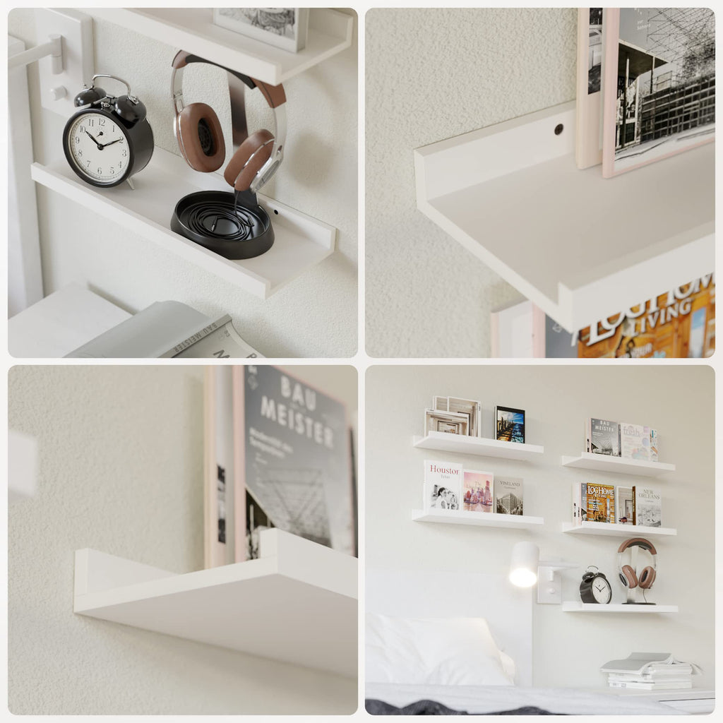 5-Set Floating Shelves with Lip, White Wall Mounted Wood Shelf