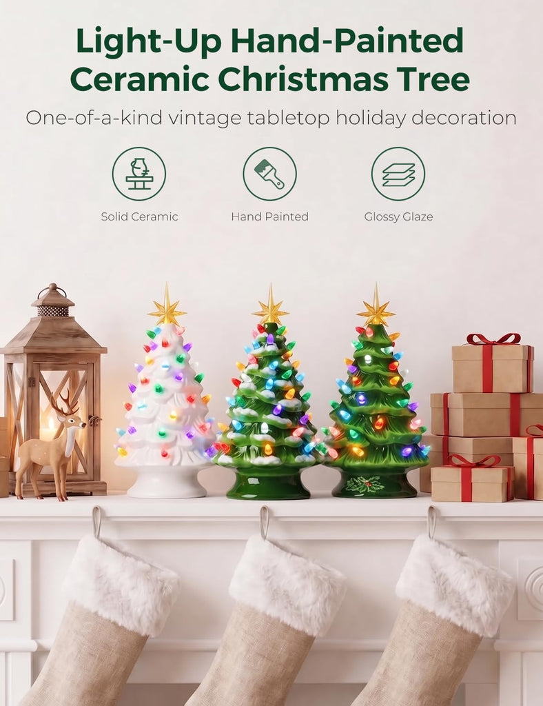 13in White Pre-lit Ceramic Christmas Tree, Battery Powered