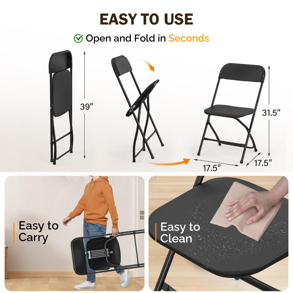 Folding Chairs Set of 12, Black Plastic Chair Sturdy Seat with Metal Frame, Perfect for Party, Event, Wedding