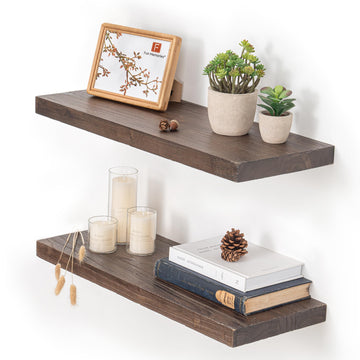 Floating Shelves for Wall, 24"x9.3" Rustic Solid Elm Wood Shelves, Heavy-Duty Wall Mounted Shelves with Invisible