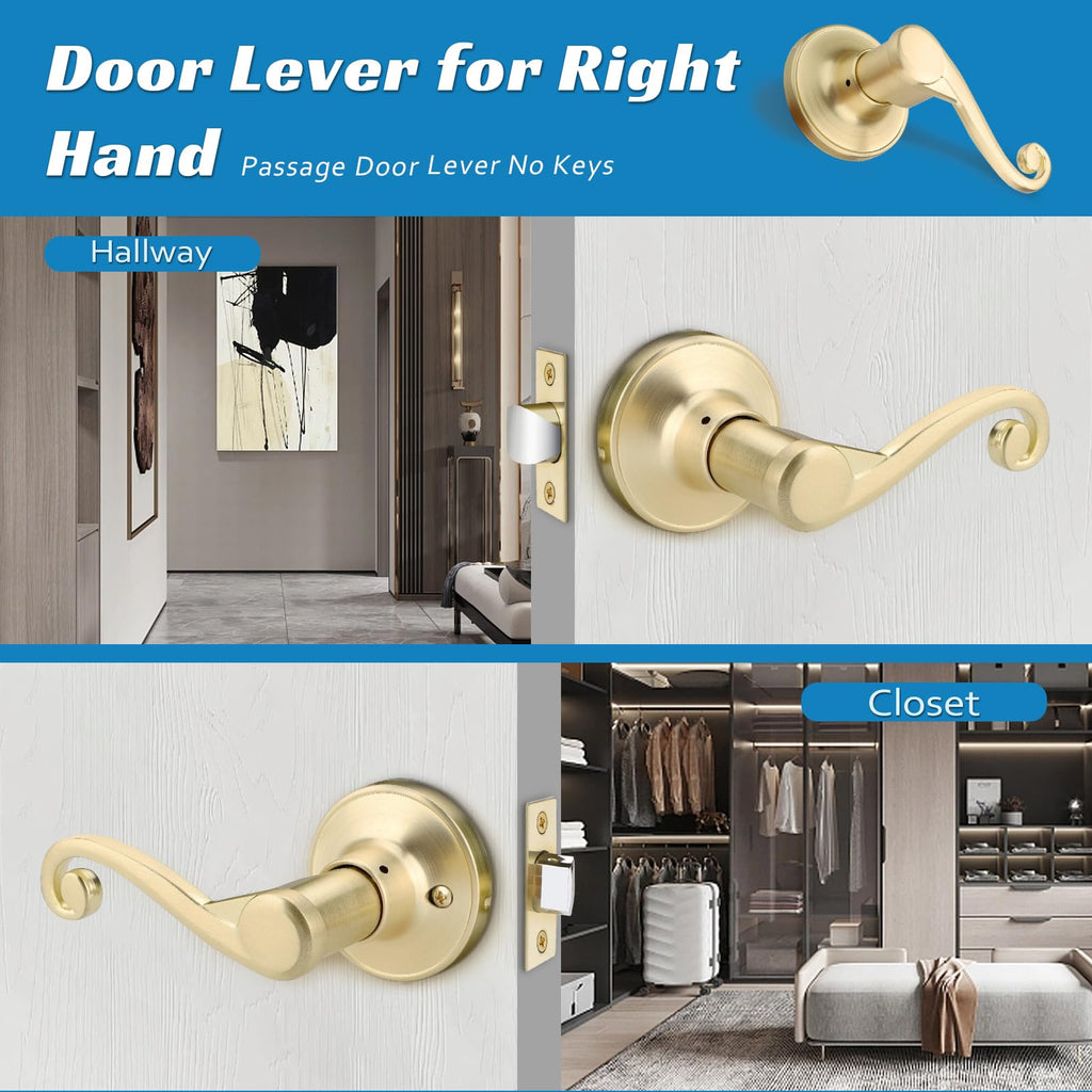 5 Pack Gold Satin Brass Door Handles, Wave Handle, Brushed Brass