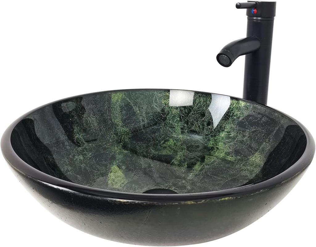 Vessel Sink 16.5" Bathroom Sinks Tempered Glass Green Art Basin Round Bowl with Faucet Combo Green,Countertop Bowl