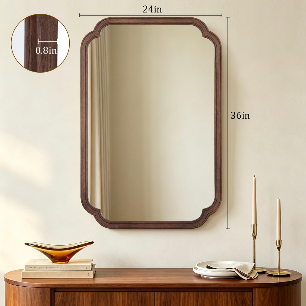 Wood Bathroom Mirror for Wall Decor Arched Rounded Corner Rustic Wood Frame Wall Mirror Home Decorative for Vanity
