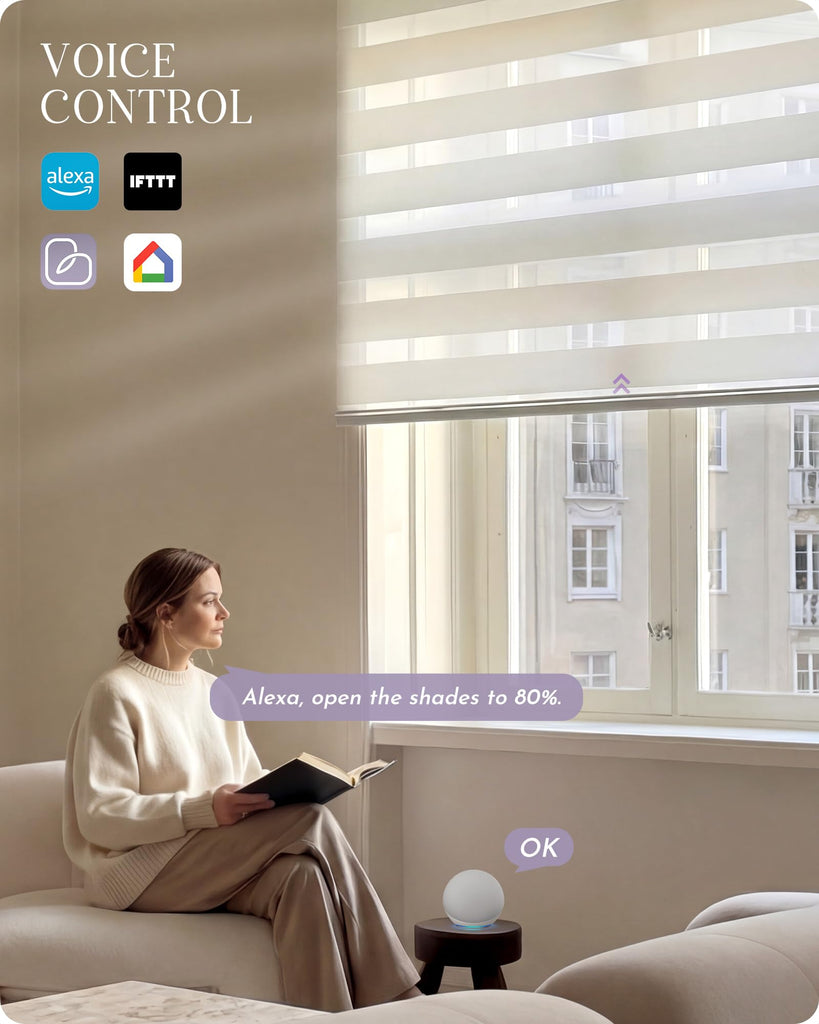 Motorized Zebra Sheer Blinds Compatible with Alexa Horizontal Light Filtering Window Shades Remote Roller Blinds with