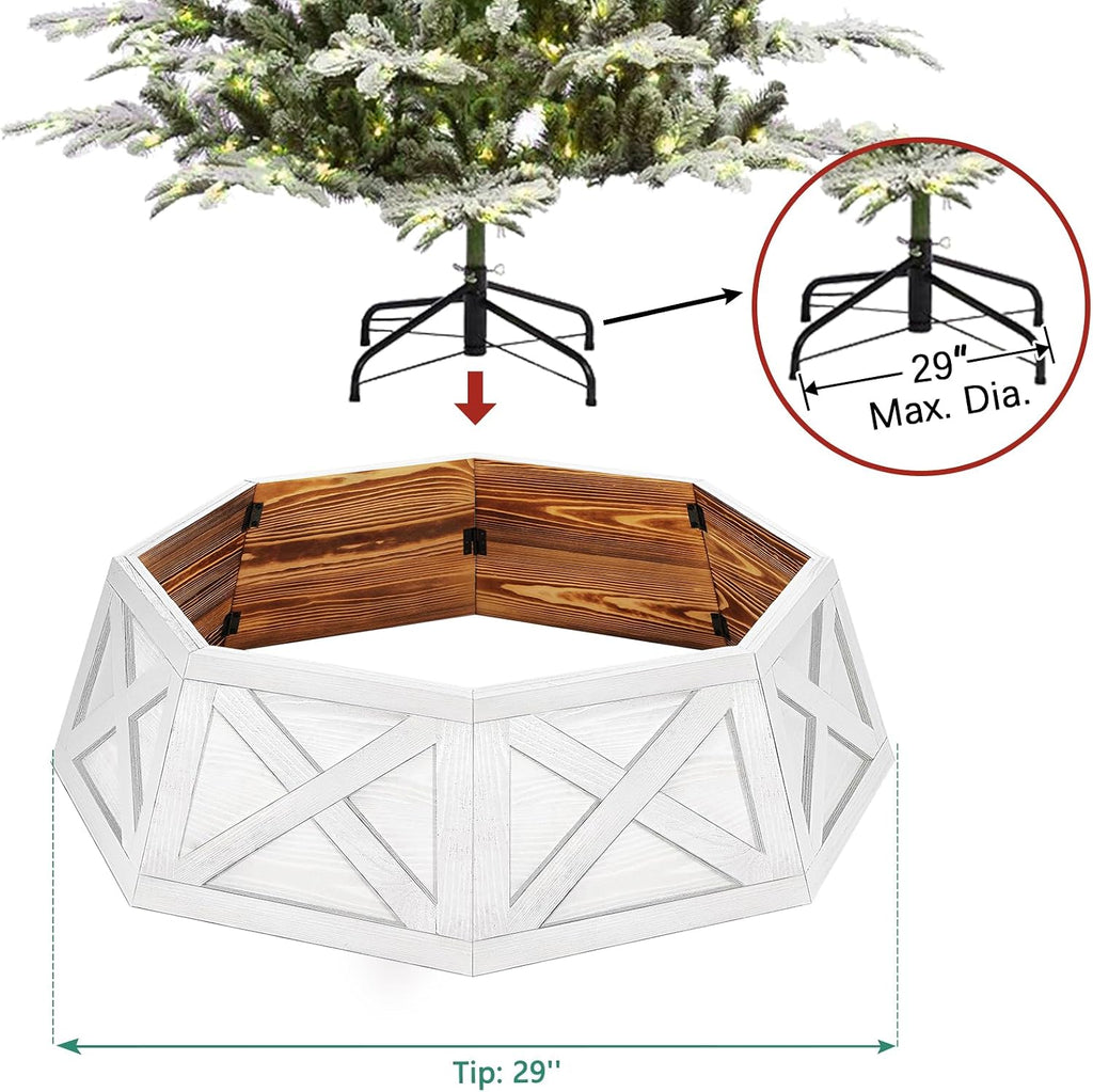 Wooden Christmas Tree Collar, 8 Panels 29'' Octagon White Christmas Tree Base Cover Decor for Artificial Tree, Rustic