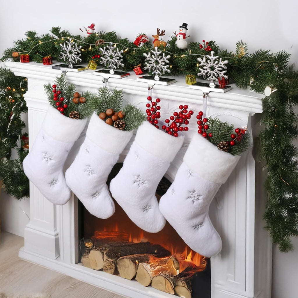 8 Pcs Christmas Stockings with Holder Set Includes 4 Faux Fur Stocking Ornaments 4 Mantle Snowflake Stocking Hangers