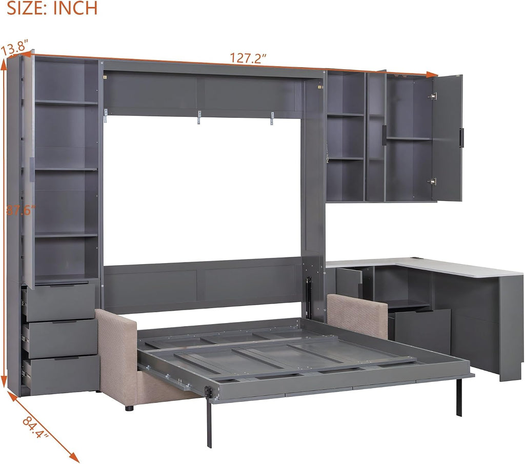 Wall Murphy Bed Queen with Drawers, LED Lights, Desk, USB Ports and Green Sofa for Bedroom, Black