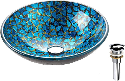 Hyacin Series Round Tempered Mosaic Deco Glass Vessel Bathroom Sink in Starry Blue | Top Mount Sinks Above Countertop
